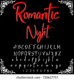 Vector set of handwritten ABC letters. Handcrafted vector script alphabet calligraphy font, letters named Romantic Night