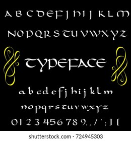 Vector set of handwritten ABC letters, numbers, and symbols. Handcrafted vector script alphabet calligraphy font, icon, letters named TYPEFACE