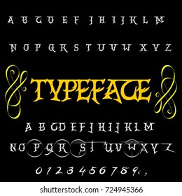 Vector set of handwritten ABC letters, numbers, and symbols. Handcrafted vector script alphabet calligraphy font, icon, letters named TYPEFACE