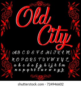 Vector set of handwritten ABC letters, numbers, and symbols. Handcrafted vector script alphabet calligraphy font, icon, letters named Old City