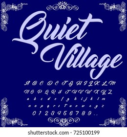 Vector set of handwritten ABC letters, numbers, and symbols. Handcrafted vector script alphabet calligraphy font, icon, letters named Quiet Village