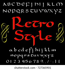 Vector set of handwritten ABC letters, numbers, and symbols. Handcrafted vector script alphabet calligraphy font, icon, letters named Retro Style