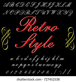 Vector set of handwritten ABC letters, numbers, and symbols. Handcrafted vector script alphabet calligraphy font, icon, letters named Retro Style