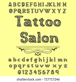 Vector set of handwritten ABC letters, numbers and symbols. Handcrafted vector script alphabet calligraphy font, letters named Tattoo Salon. Tattoo letters. handwritten letters