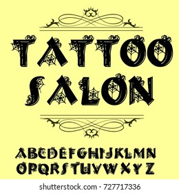 Vector set of handwritten ABC letters, numbers and symbols. Handcrafted vector script alphabet calligraphy font, letters named Tattoo Salon.  Alphabet letters for Halloween vintage background