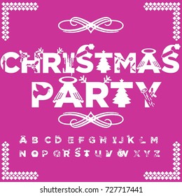 Vector set of handwritten ABC letters, numbers and symbols. Handcrafted vector script alphabet calligraphy font, letters named Christmas Party