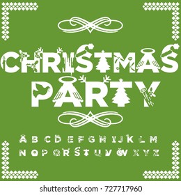 Vector set of handwritten ABC letters, numbers and symbols. Handcrafted vector script alphabet calligraphy font, letters named Christmas Party