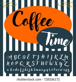 Vector set of handwritten ABC letters. Handcrafted vector script alphabet calligraphy font, letters named Coffee Time