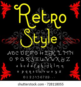 Vector set of handwritten ABC letters, numbers and symbols. Handcrafted vector script alphabet calligraphy font, letters named Retro Style