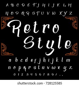 Vector set of handwritten ABC letters, numbers and symbols. Handcrafted vector script alphabet calligraphy font, letters named Retro Style