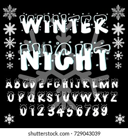 Vector set of handwritten ABC letters, numbers and symbols. Handcrafted vector script alphabet calligraphy font, letters named Winter Night
