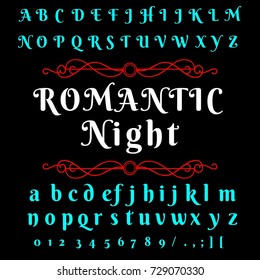 Vector set of handwritten ABC letters, numbers and symbols. Handcrafted vector script alphabet calligraphy font, letters named Romantic Night