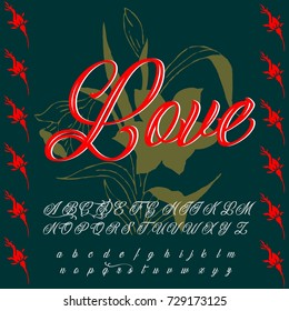 Vector set of handwritten ABC letters, numbers and symbols. Handcrafted vector script alphabet calligraphy font, letters named Pure Love