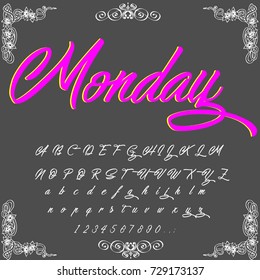 Vector set of handwritten ABC letters, numbers and symbols. Handcrafted vector script alphabet calligraphy font, letters named Week Days Monday