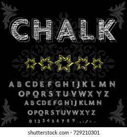 Vector set of handwritten ABC letters, numbers and symbols. Handcrafted vector script alphabet calligraphy font, letters named Chalk