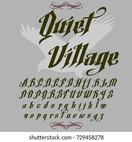 Vector set of handwritten ABC letters, numbers and symbols. Handcrafted vector script alphabet calligraphy font, letters named Quiet Village