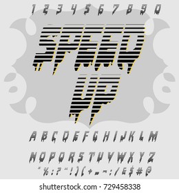 Vector set of handwritten ABC letters, numbers and symbols. Handcrafted vector script alphabet calligraphy font, letters named Speed Up