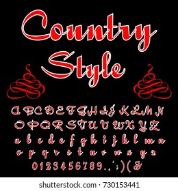 Vector set of handwritten ABC letters, numbers and symbols. Handcrafted vector script alphabet calligraphy font, letters named Country Style
