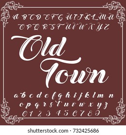 Vector set of handwritten ABC letters, numbers and symbols named Old Town