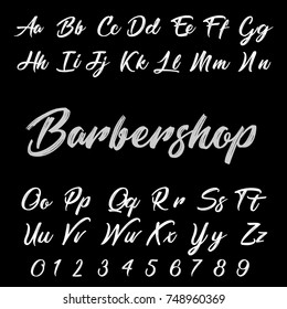 Vector set of handwritten ABC letters. Handcrafted vector script alphabet calligraphy font, and numbers letters named Barbershop. Retro style hand drawn typography 