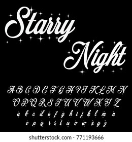 Vector set of handwritten ABC letters, numbers, and symbols. Handcrafted vector script alphabet calligraphy font, icon, letters named Starry Night