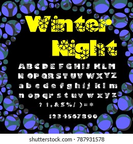 Vector set of handwritten ABC letters, numbers, and symbols. Handcrafted vector script alphabet calligraphy font, icon, letters named Winter Night