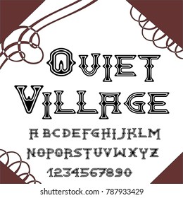 Vector set of handwritten ABC letters, numbers, and symbols. Handcrafted vector script alphabet calligraphy font, icon, letters named Quiet Village	