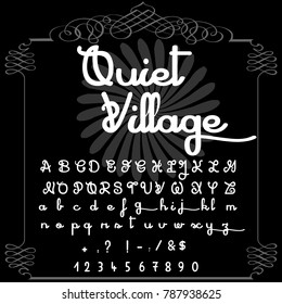 Vector set of handwritten ABC letters, numbers, and symbols. Handcrafted vector script alphabet calligraphy font, icon, letters named Quiet Village	