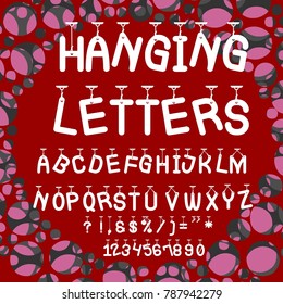 Vector set of handwritten ABC letters, numbers, and symbols. Handcrafted vector script alphabet calligraphy font, icon, letters named Hanging Letters