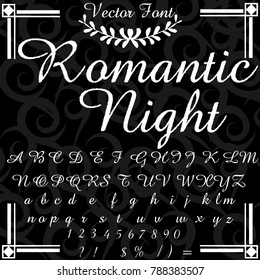 Vector set of handwritten ABC letters, numbers, and symbols. Handcrafted vector script alphabet calligraphy font, icon, letters named Romantic Night