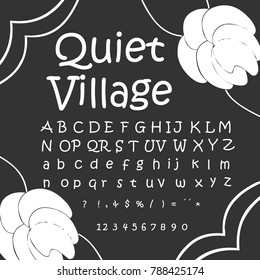 Vector set of handwritten ABC letters, numbers, and symbols. Handcrafted vector script alphabet calligraphy font, icon, letters named Quiet Village