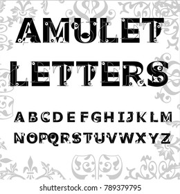 Vector set of handwritten ABC letters. Handcrafted vector script alphabet calligraphy font, letters named Amulet Letters