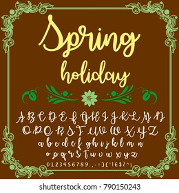 Vector set of handwritten ABC letters. Handcrafted vector script alphabet calligraphy font, letters named Spring Holiday