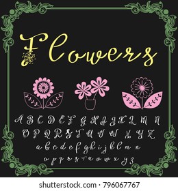 Vector set of handwritten ABC letters. Handcrafted vector script alphabet calligraphy font, letters named Flowers