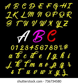 Vector set of handwritten alphabet letters and numbers. Handcrafted vector script calligraphy fonts named ABC