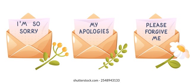 Vector set of handwritten apology letters on paper and in open craft envelope, forgive me please, I am so so so sorry. With green plants and flowers. Beautiful message sorry, regret, beg your pardon.