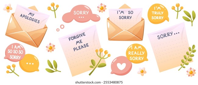 Vector set of handwritten apology letters on paper and in open envelope, apology dialogue, message. With green plants and flowers. Beautiful message sorry, regret, beg your pardon.