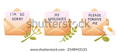 Vector set of handwritten apology letters on paper and in open craft envelope, forgive me please, I am so so so sorry. With green plants and flowers. Beautiful message sorry, regret, beg your pardon.