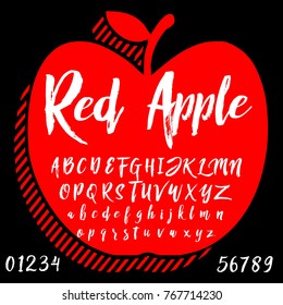 Vector set of handwritten calligraphic fonts ABC typeface alphabet letters and numbers named Red Apple