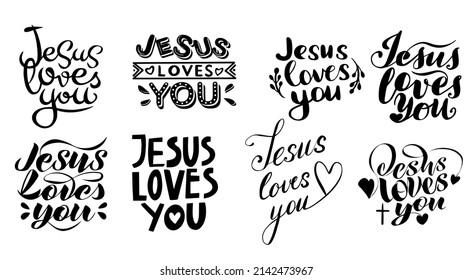 vector set of handwritten calligraphic inscriptions Jesus loves you in different styles