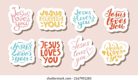 vector set of handwritten calligraphic inscriptions Jesus loves you in the form of stickers