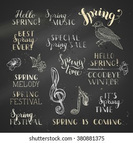 Vector set of hand-written chalk spring lettering on blackboard background. Hello spring. Goodbye winter. It's spring time. Best spring ever. Special spring sale. Spring festival. Spring is coming.
