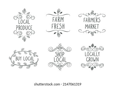 Vector Set of Handwritten Farm Local Product Labels Isolated on White Background, Hand Drawn Illustration, Black and White Illustration.