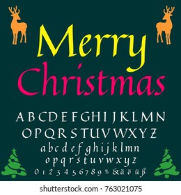 Vector set of handwritten fonts alphabet ABC letters named Merry Christmas.Vector illustration. Handwritten calligraphic brush lettering composition of Happy New Year 2022 on white background. Design 
