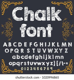 Vector set of handwritten grunge ABC letters, numbers, and symbols. Handcrafted vector script alphabet calligraphy font, icon, letters and numbers named Chalk Font