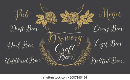 Vector set of handwritten inscriptions and design elements on the theme of beer and brewery on black background. Drawings with chalk on blackboard in retro style