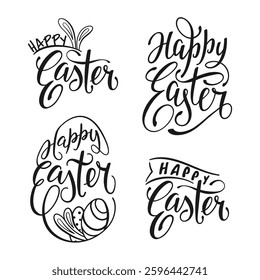 Vector set of handwritten inscriptions Happy Easter and festive symbols—bunny ears, painted patterned eggs. Isolated calligraphic text on a white background. Hand-drawn lettering for holiday postcards