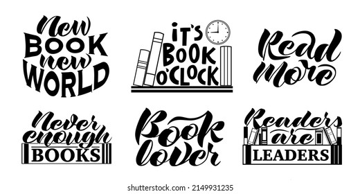 Vector set of handwritten inscriptions on the theme of love for books in black on a white background