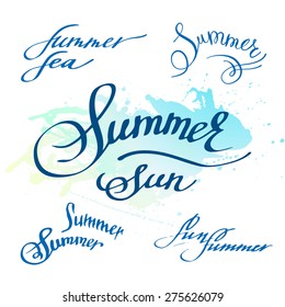 Vector set of handwritten inscriptions summer, sun, sea,