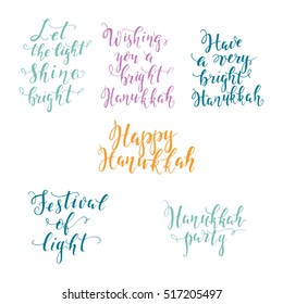 Vector set of handwritten lettering for Hanukkah greeting card for holiday decoration isolated on white background. Hanukkah lettering collection.